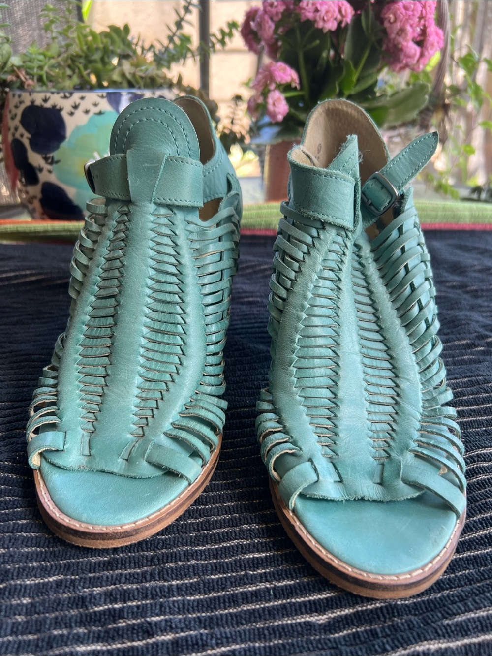 naughty monkey Teal Woven Leather Block Heel Sandals - Picture 8 of 9